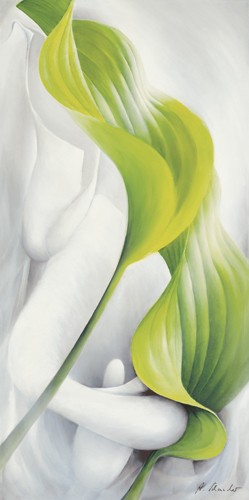 Annette Schmucker, Calla I (Calla, Blüte, Blume, Pflanze, Blätter, Eleganz, floral, Malerei, Wunschgröße, Treppenhaus, Schlafzimmer, weiß/grün)