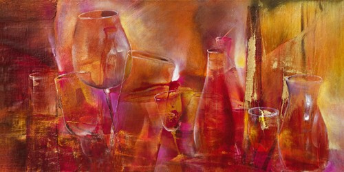 Annette Schmucker, Party II (Gläser, Weingläser, Flaschen, Feier, Party, transparent, leuchtend, durchscheinend, Wunschgröße, Malerei, Partykeller, Bar, Treppenhaus, Wohnzimmer, orange/rot)