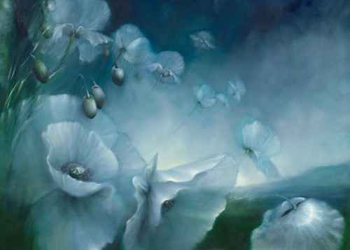 Annette Schmucker, Touch the Sky (Mohn, Mohnblüten, Wind, Blüten, Blumen, Pflanze, Blätter, zart, filigran, floral,  Malerei, Treppenhaus,  Wohnzimmer, Wunschgröße, grau/blau)