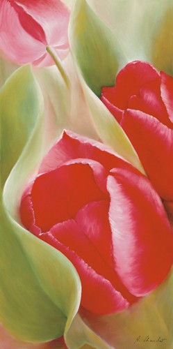 Annette Schmucker, Tulpen I (Tulpen, Blüten, Blume, Pflanze, Blätter, zart, Frühling, floral, Malerei, Wunschgröße, Treppenhaus, Wohnzimmer, rot/grün)