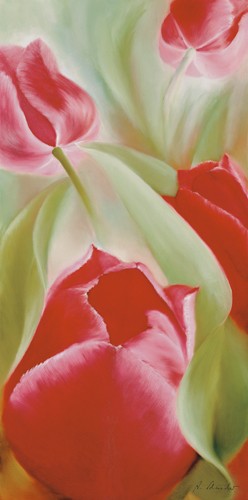 Annette Schmucker, Tulpen II (Tulpen, Blüten, Blume, Pflanze, Blätter, zart, Frühling, Malerei, floral, Wunschgröße, Treppenhaus, Wohnzimmer, rot/grün)