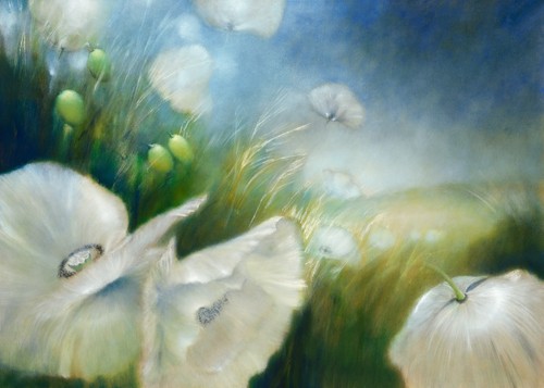 Annette Schmucker, Weier Mohn (Mohn, weiße Mohnblüten, Wind, Blüten, Blumen, Pflanze, Blätter, zart, filigran, floral,  Malerei, Treppenhaus,  Wohnzimmer, Wunschgröße, bunt)