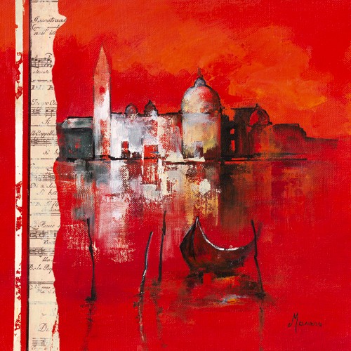 Annie Manero, Venise Reflets (Venedig, Gondel, Kanal, Kirche, moderne Malerei, zeitgenössisch, Wohnzimmer, Treppenhaus, rot)