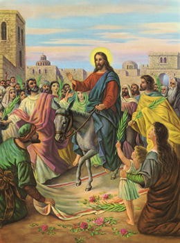 Anonym, Untitled (Malerei, Jesus, Christus, Einzug nach Jerusalem, Palmwedel, Esel, Nostalgie, religiös, Christlich, spirituell, Wohnzimmer, Schlafzimmer,  bunt)