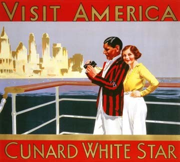 Anonymous, Visit America, Cunard White Star  (Plakatkunst, Klassiker, Grafik, Bistro, Wohnzimmer,Schifffahrt, Schiff, Tourismus, Reisen, Nostalgie, Wunschgröße, bunt)