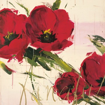 Antonio Massa, Fanciful Garden (Tulpen, Blüten, Blumen, modern, Malerei, Treppenhaus, Wohnzimmer, rot)