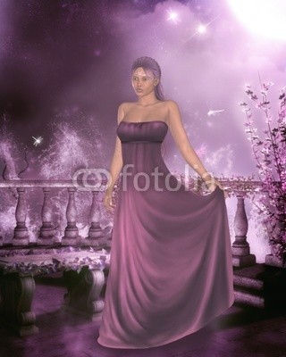 Ancello, woman in a gown (frau, abendkleid, ball, balkon, terrassen, fairy, kobold, fantasy, kobold, nymphe, schönheit, traum, mädchen, schöner, weiblich, magisch, jung, hübsch, eleganze, sexy, frau, modellieren, leute, gestalten, person, hintergrund, romantisch, natur, garnier)