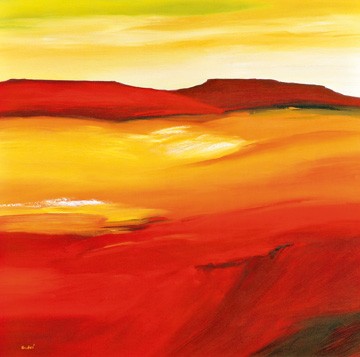 André, Australian Landscape I (Malerei, modern, abstrakt, Landschaften, Australien, Farbflächen, Hügel, Horizont, Büro, Wohnzimmer, Arztpraxis, orange/gelb)
