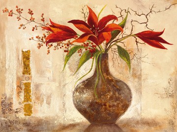 Anna Field, Red Lilies (Stillleben, Blumenvase, Lilien, rote Lilien, dekorativ, floral, Esszimmer, Wohnzimmer, Treppenhaus, bunt)