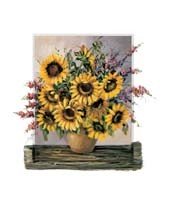 Anna Paleta, Sunny sunflowers (Blumen, Sonnenblumen, Stillleben, Blumenstrauß, Vase, Wunschgröße, Floral, Treppenhaus, Wohnzimmer, Malerei, bunt)