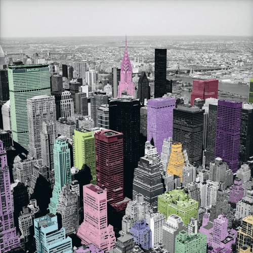 Anne Valverde, Chrysler Colours (Fotokunst, Städte, Metropole, New York, Skyline, Wolkenkratzer, Hochhäuser, Luftbild,  Modern, Büro, Wohnzimmer, Jugendzimmer, bunt, schwarz/weiß)