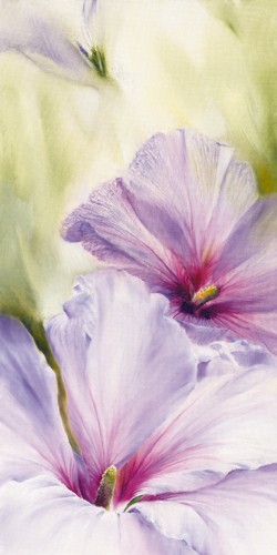 Annette Schmucker, Hibiscus (Hibiskus, Blüten, Blumen, Pflanze, Blätter, zart, filigran, floral, Malerei, Treppenhaus, Esszimmer, Wohnzimmer, Wunschgröße, bunt)