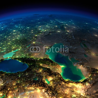 Anton Balazh, Night Earth. Caucasus and the Caspian Sea (Wunschgröße, Photografie, Fotografie, Erde, Erdball, Weltall, Kaukasus, Kaspisches Meer, Geographie, Nachtszene, Luftbildaufnahme, Business, Büro, bunt)