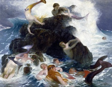 Arnold Böcklin, Spiel der Najaden (Nymphen, Mythologie, Meer, Felsen, Wellen, turbulent, Spaß, Vergnügen, Symbolismus, Wunschgröße, Klassiker, Wohnzimmer, bunt)