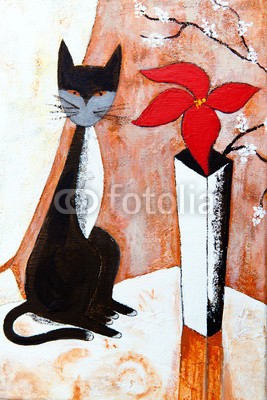 arsdigital, Chat noire avec un fleur (malerei, katze, kunst, bilder, blume, abbildung, malen, malerei, malen, linie, stilleben, hintergrund, acryl, modern, silhouette, contour, linie, linie, hübsch, kunstvoll, textur, schir)