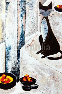 arsdigital, Chat norie avec les fruits (malerei, katze, kunst, bilder, abbildung, malen, malerei, malen, linie, stilleben, hintergrund, obst, schüssel, acryl, modern, silhouette, contour, linie, linie, hübsch, kunstvoll, textur, schir)