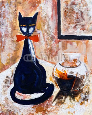 arsdigital, Chat norie avec un vase (malerei, katze, kunst, bilder, abbildung, malen, malerei, malen, linie, stilleben, hintergrund, acryl, modern, silhouette, contour, linie, linie, hübsch, kunstvoll, textur, schirm, altersgenoss)