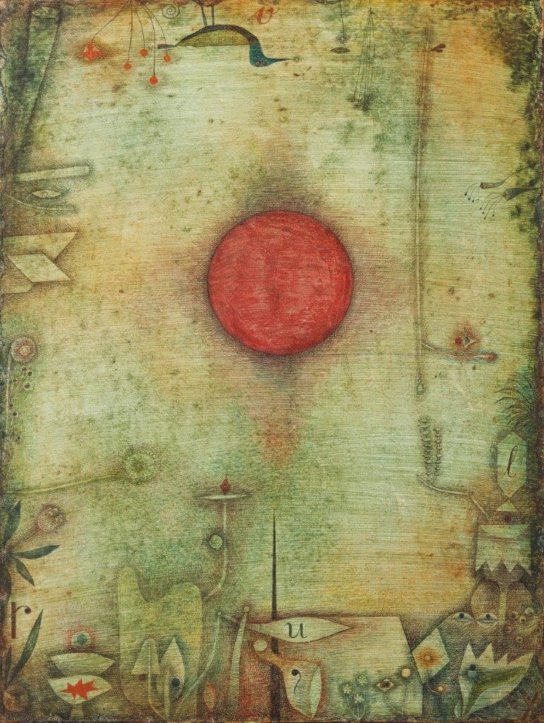 Paul Klee, Ad Marginem. 1930, 210 (E 10) / 1935?1936 (überarbeitet) (Wasserfarbe,Feder auf Lackgrundierung auf Karton,Basel,Kunstmuseum,1879-1940,Klee,Paul,Klee,Paul Klee,Bauhaus,Ad marginem,Rand,am Rand,Vogel,Sonne,unter Wasser,Unterwasserwelt,organisch)