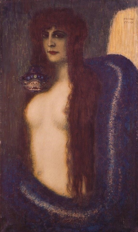 Franz von Stuck, Die Sünde (Sünde, Frau, nackt, Akt, Schlange, düster, mystisch, Symbolismus, Wohnzimmer, Klassiker, Wunschgröße, Malerei, bunt)