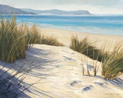 Caroline Atkinson, Afternoon Dunes (Meer, Meeresbrise, Strand, Dünen, Dünengras,  Treppenhaus, Wohnzimmer, Malerei,  bunt)