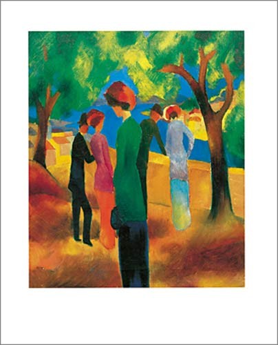 August Macke, Dame in grüner Jacke, 1913 (Malerei, Expressionismus, Park, Frau, Paare, Einsamkeit, allein, Wohnzimmer, Treppenhaus, Klassische Moderne, bunt)