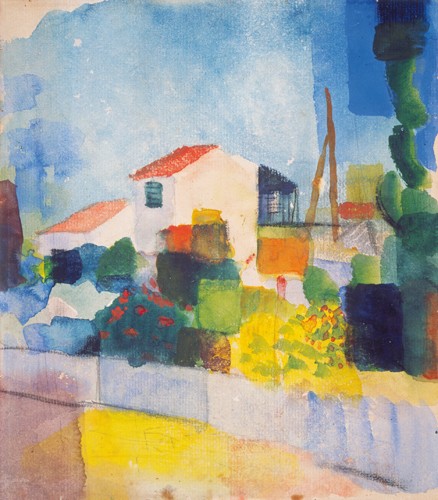 August Macke, Das helle Haus (Wunschgröße, Malerei, Expressionismus, Orient, Tunesien, Landschaft, Haus, Tunisreise,  Treppenhaus, Arztpraxis, Klassische Moderne, bunt)
