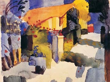 August Macke, Haus im Garten (Wunschgröße, Malerei, Expressionismus, Orient, Tunesien, Landschaft, Garten, Haus, Tunisreise,  Treppenhaus, Arztpraxis, Klassische Moderne, bunt)