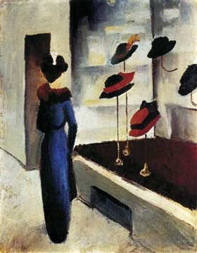 August Macke, Hutladen (Malerei, Expressionismus,  Schaufenster, einkaufen, shoppen, Frau, Hüte, Eleganz, Auslagen, Einkaufsbummel, Wohnzimmer, Treppenhaus, Arztpraxis, Klassische Moderne, bunt)