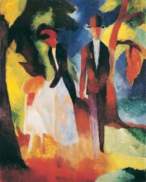 August Macke, Leute am blauen See (Wunschgröße, Malerei, Expressionismus, Park, Spaziergang, Spaziergänger, Bäume, Unterhaltung, Gespräch, Freizeit, Wohnzimmer, Treppenhaus, Arztpraxis, Wintergarten, Klassische Moderne, bunt)