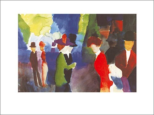 August Macke, Leute die sich begegnen (Malerei, Expressionismus, Park, Frauen, Männer, Paare, Spaziergang, Freizeit, Eleganz, Wohnzimmer, Treppenhaus, Klassische Moderne, bunt)