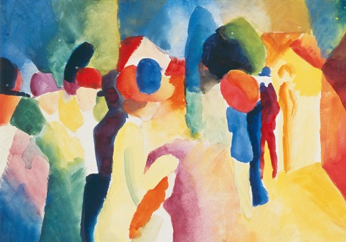 August Macke, Mit gelber Jacke (Wunschgröße, Malerei, Expressionismus, Park, Spaziergang, Menschen, Freizeit, park,  Wohnzimmer, Treppenhaus, Arztpraxis, Klassische Moderne, bunt)