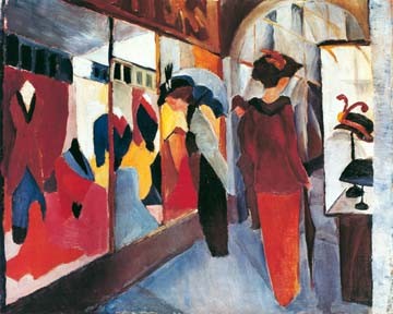 August Macke, Modegeschft (Malerei, Expressionismus,  Schaufenster, Passage, einkaufen, shoppen, Frau, Mode, Bekleidung, Hüte, Eleganz, Auslagen, Einkaufsbummel, Wohnzimmer, Treppenhaus, Arztpraxis, Klassische Moderne, bunt)