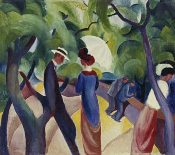 August Macke, Promenade (Wunschgröße, Malerei, Expressionismus, Park, Frau, Mann, Paare, Spaziergang, Freizeit, Wohnzimmer, Treppenhaus, Klassische Moderne, Plakatkunst,  bunt)