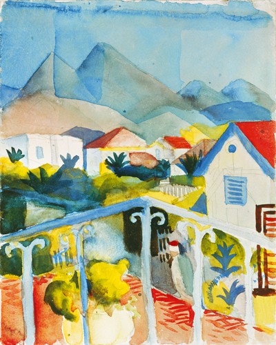 August Macke, Saint Germain bei Tunis, 1914 (Malerei, Expressionismus, Orient, Tunesien, Landschaft, Panorama, Balkon, Aussicht, Tunisreise, Berge,  Wohnzimmer, Treppenhaus, Arztpraxis, Klassische Moderne, bunt)
