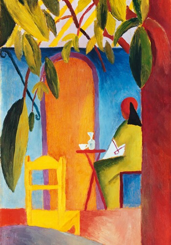 August Macke, Türkisches Cafe II (Malerei, Expressionismus, Türkei, Cafe, Baum, tisch, Stühle, Wohnzimmer, Treppenhaus, Arztpraxis, Klassische Moderne, bunt)