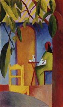 August Macke, Türkisches Cafe II (Malerei, Expressionismus, Türkei, Türke, Cafe, Cafehaus, tisch, Stühle, Wohnzimmer, Treppenhaus, Wintergarten, Arztpraxis, Klassische Moderne, bunt)