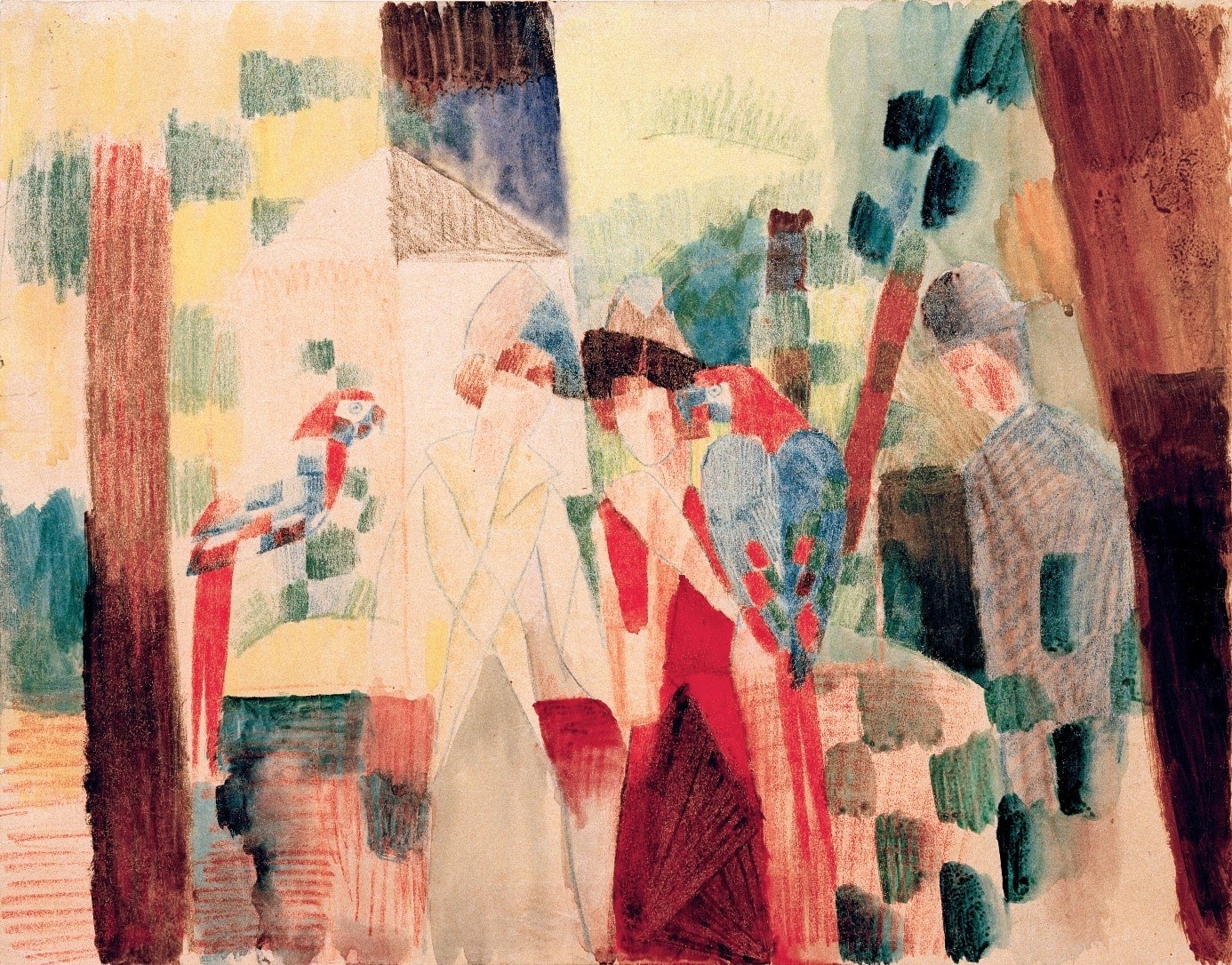 August Macke, Mann und Frau bei den Papageien (Deutsche Kunst,Garten Und Park,Menschen Im Park,Papagei,Zoologischer Garten,Expressionismus,Der Blaue Reiter,Voliere,Tierpark)