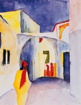 August Macke, Blick in eine Gasse (Malerei, Expressionismus, tunesien, Afrika, tunesische Reise, Straße, Fußgänger, Tunesier, Wohnzimmer, Treppenhaus, Arztpraxis, Klassische Moderne, bunt)