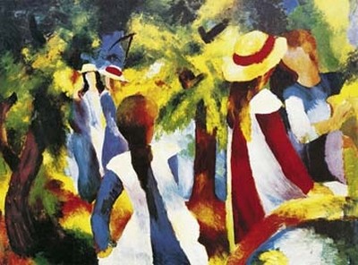August Macke, Mädchen unter Bumen (Wunschgröße, Malerei, Expressionismus, Park, Mädchen, Unterhaltung, Gespräch, Freizeit, Wohnzimmer, Treppenhaus, Arztpraxis, Klassische Moderne, bunt)