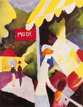 August Macke, Modefenster (Wunschgröße, Malerei, Expressionismus, Stadt, Schaufenster, einkaufen, shoppen, Frau,Kind, Bekleidung, Mode, Auslagen,  Wohnzimmer, Treppenhaus, Arztpraxis, Klassische Moderne, bunt)