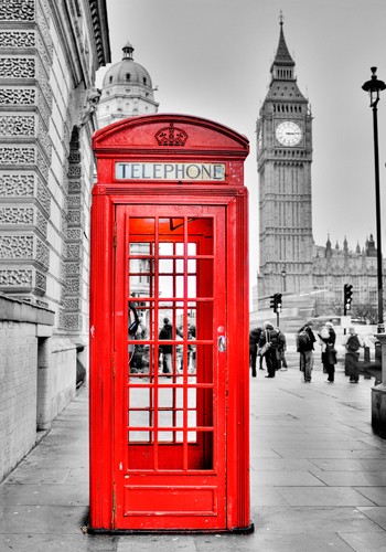 Aurélien Terrible, London Phone (Fotokunst, Städte, Metropole, London, Big Ben, Turm, rote Telefonzelle, Symbol, Wahrzeichen, Großbritannien, Wohnzimmer, Treppenhaus, Arztpraxis, Jugendzimmer, Colorspot, schwarz / weiß / rot)