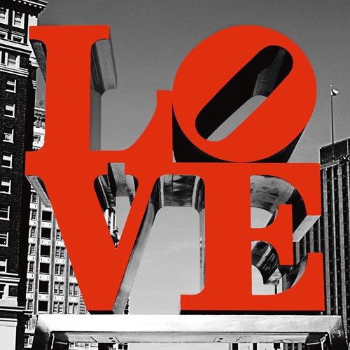 Aurélien Terrible, Love Philly (Fotokunst, Städte, Metropole, Architektur, Liebe, rote Buchstaben, Philadelphia, Amerika, Wohnzimmer, Jugendzimmer, schwarz / weiß / rot)