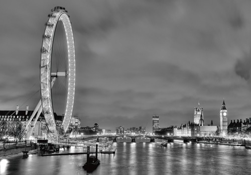 Aurélien Terrible, The Thames (Wunschgröße, Fotokunst, Städte, Metropole, London, Hauptstadt, Großbritannien, Themse, London Eye, Riesenrad, Nachtszene, Beleuchtung, Wohnzimmer, Jugendzimmer, schwarz / weiß)