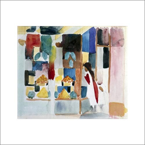 August Macke, Kinder am Gemseladen I, 1913 (Malerei, Expressionismus, Kinder, Hunger, Lebensmittel, Gemüse, Schaufenster, Auslagen, Wohnzimmer, Treppenhaus, Esszimmer, Klassische Moderne, bunt)