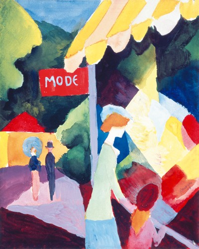 August Macke, Modefenster (Wunschgröße,Malerei, Expressionismus, Stadt, Schaufenster, einkaufen, shoppen, Frau,Kind, Bekleidung, Mode, Auslagen,  Wohnzimmer, Treppenhaus, Arztpraxis, Klassische Moderne, bunt)