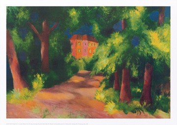August Macke, Rotes Haus im Park (Malerei, Expressionismus, Park, Allee, Bäume, rotes Haus, Sonnenlicht, Ruhe, Wohnzimmer, Treppenhaus, Arztpraxis, Klassische Moderne, bunt)