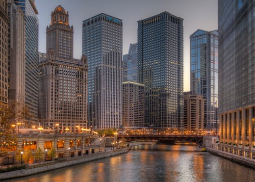 Aurélien Terrible, Peaceful Chicago (Fotografie, Städte, Metropole, Chicago, Skyline, Hochhäuser, Wolkenkratzer, moderne Architektur, Abendszene, Wohnzimmer, Büro, bunt)