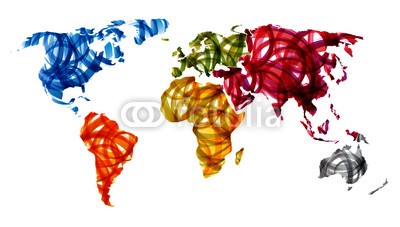 avarooa, abstract worldmap (welt, welt, karte, weltkarte, atlas, erdball, abstrakt, kunst, kreativ, kreativität, kreis, bunt, bunt, kontinent, modern, dynamisch, dynamisch, kontinent, europa, amerika, südamerika, afrika, australien, asien, kommunikation, malerei, kindlich)