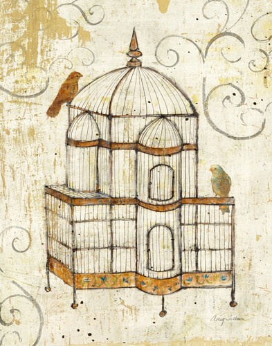 Avery Tillmon, Bird Cage I (Wunschgröße, Malerei, Vogelkäfig, Vögel, Nostalgie, filigran, Ornamente, verspielt, Flur, Treppenhaus, Wohnzimmer, Schlafzimmer, braun / beige)