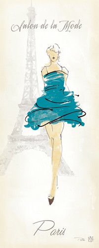 Avery Tillmon, Fashion Lady I (Wunschgröße, Zeichnung, Mode, Paris, Fashion Model, Kleid, Frau, Eiffelturm, Modesalon, Wohnzimmer, Schlafzimmer, Boutique, bunt)